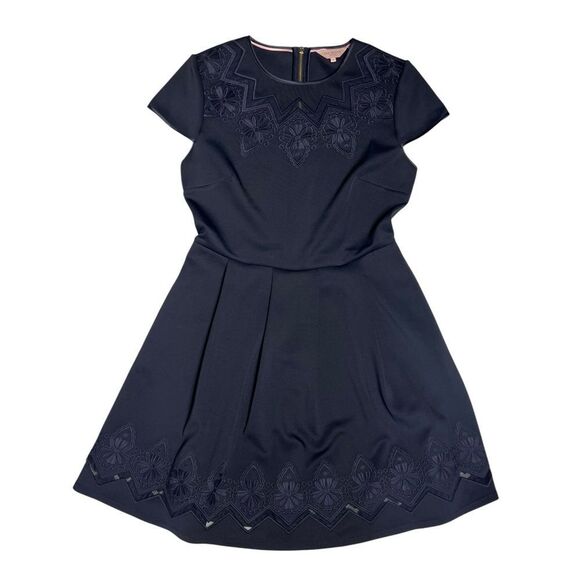 Ted Baker London Cheskka Navy Blue Lace and Mesh Skater Dress Ted Size 4 (US 10) - Picture 6 of 14